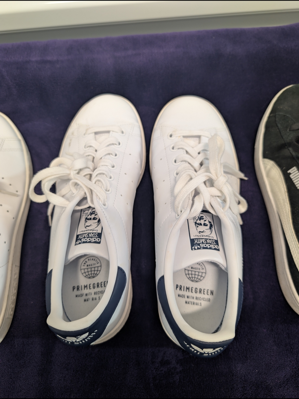 White Adidas Stan Smith Sneakers with Navy Heel Tab - Picture 3 of 8